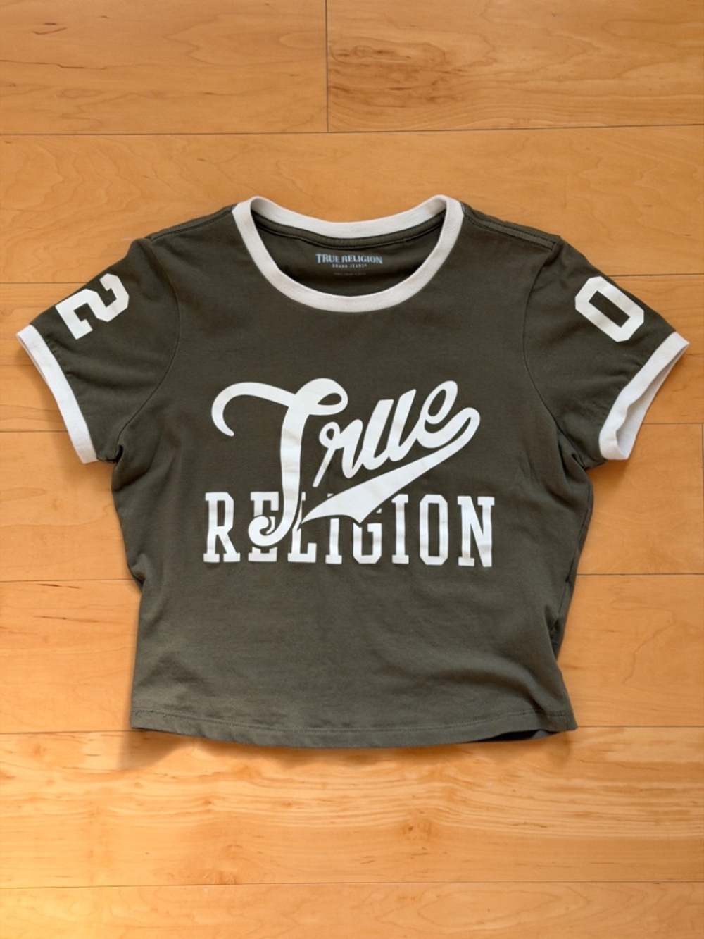 True Religion~Olive Green Ringer Sport Baby Tee ~ Size Small - Picture 5 of 10